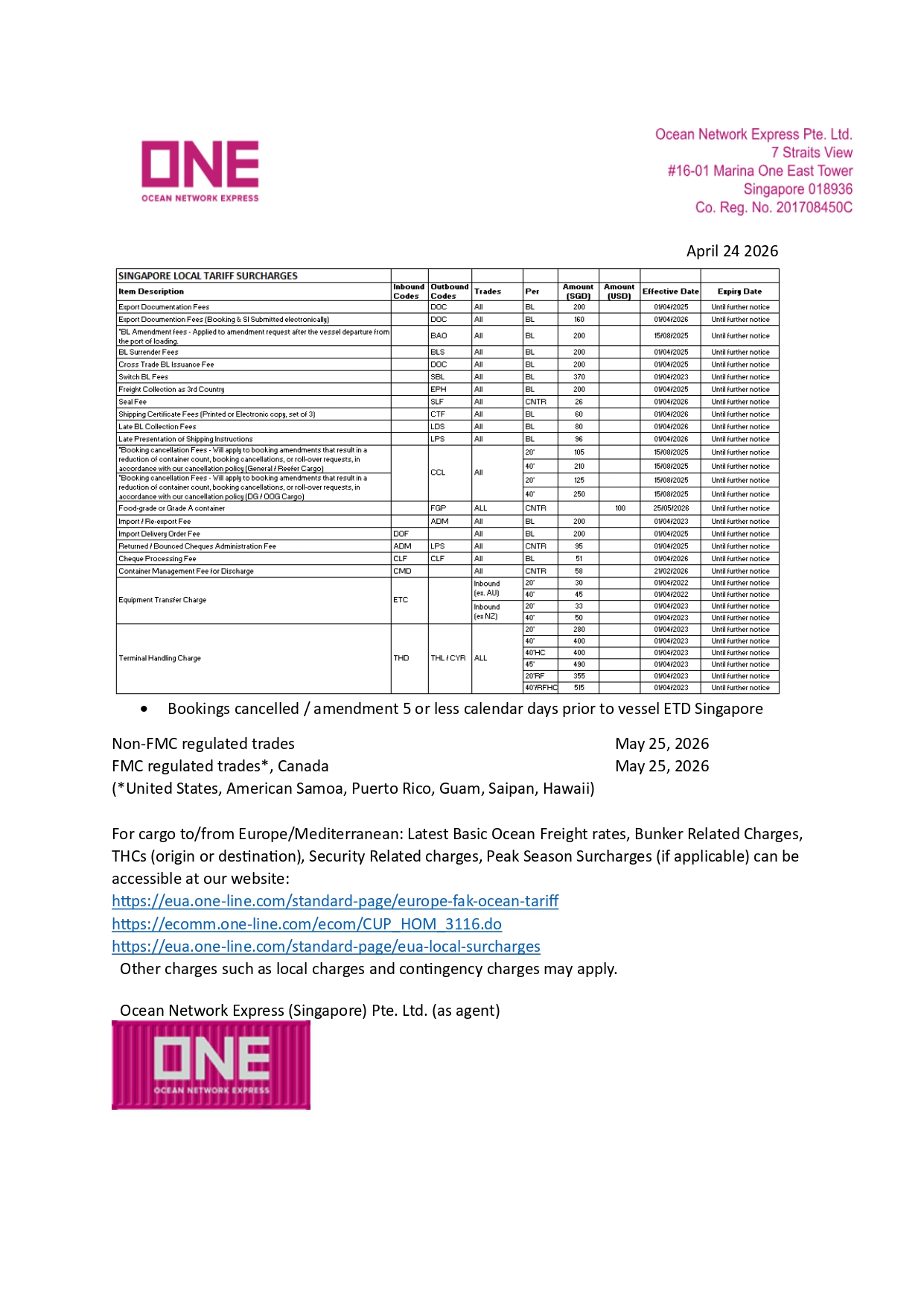 Local Tariff Surcharges 2026 (FGP)